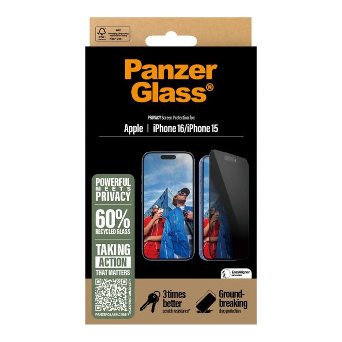Sticlă securizată UWF Privacy cu aplicator pentru iPhone 16/15, Negru, PanzerGlass