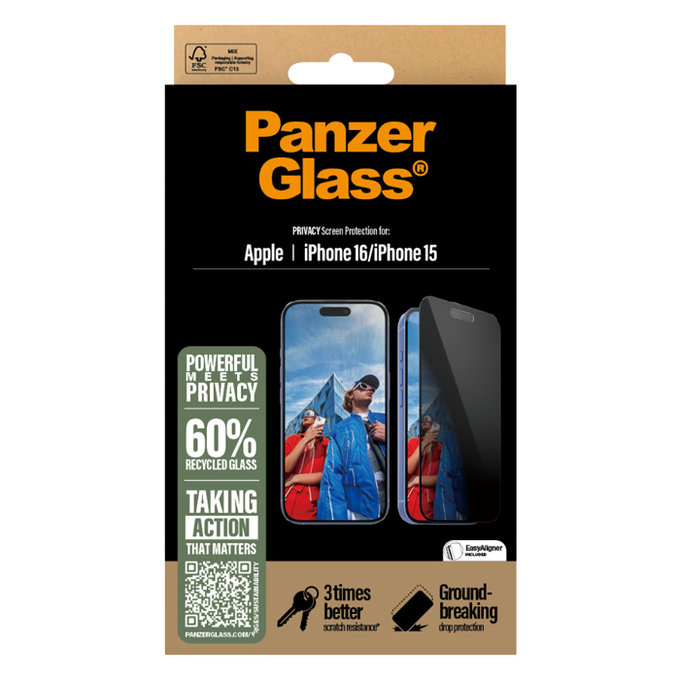 PanzerGlass - Geam Securizat UWF Privacy cu aplicatorul pentru iPhone 16, negru