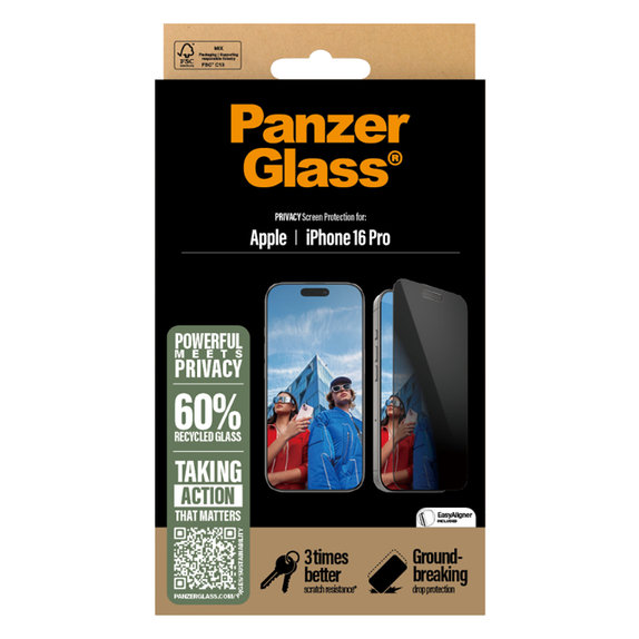 PanzerGlass - Geam Securizat UWF Privacy cu aplicatorul pentru iPhone 16 Pro, negru