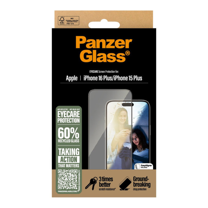 Sticlă securizată UWF Eyecare cu aplicator pentru iPhone 16 Plus/15 Plus, Negru, PanzerGlass