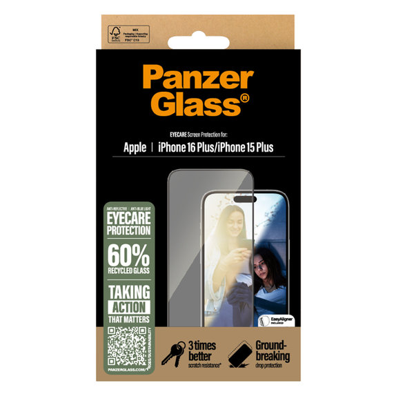 PanzerGlass - Geam Securizat UWF Eyecare cu aplicatorul pentru iPhone 16 Plus, negru