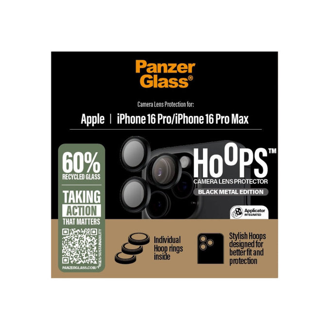 Protecție lentilă Hoops pentru iPhone 16 Pro Max/16 Pro, Negru, PanzerGlass