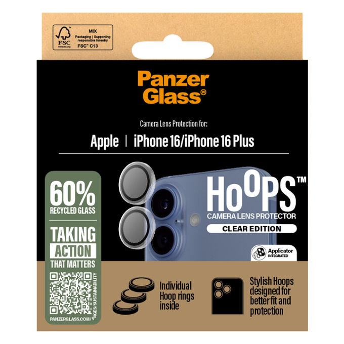 PanzerGlass - Capac de protecție & obiectivul camerei Hoops pentru iPhone 16 & 16 Plus, transparent