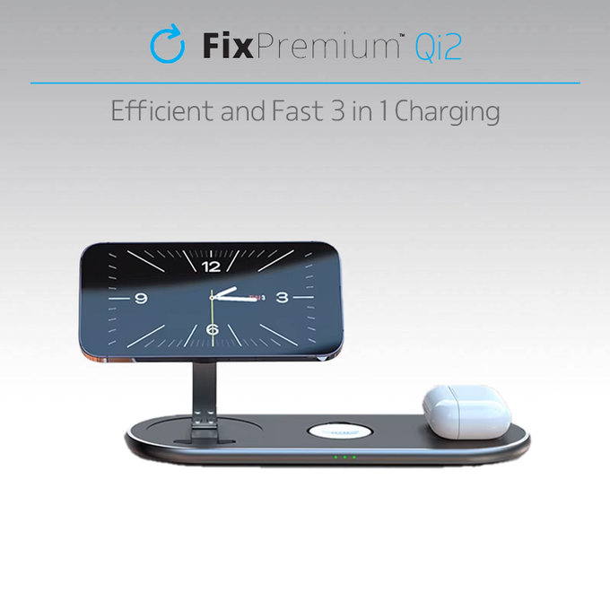FixPremium - Stand de încărcare cu Qi2 pentru iPhone, Apple Watch & AirPods, negru