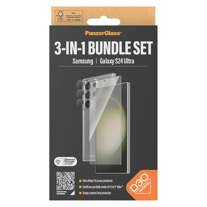 Bundle Hoops + Sticlă securizată UWF + Hard Case D3O pentru Samsung Galaxy S24 Ultra, PanzerGlass