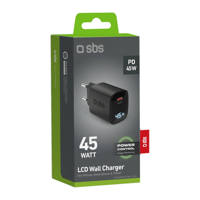 Adaptor de călătorie LCD USB-C, GaN, 45 W PD, negru, SBS