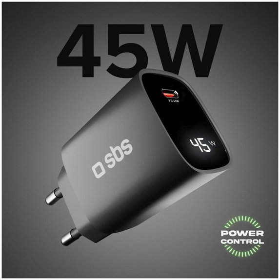 Adaptor de călătorie LCD USB-C, GaN, 45 W PD, negru, SBS