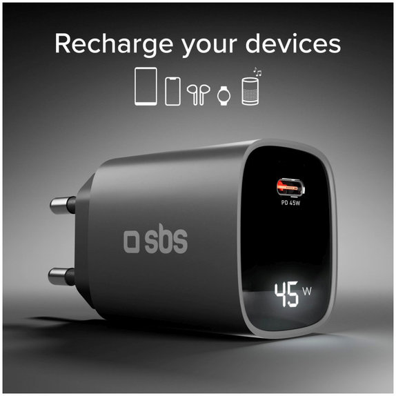 Adaptor de călătorie LCD USB-C, GaN, 45 W PD, negru, SBS