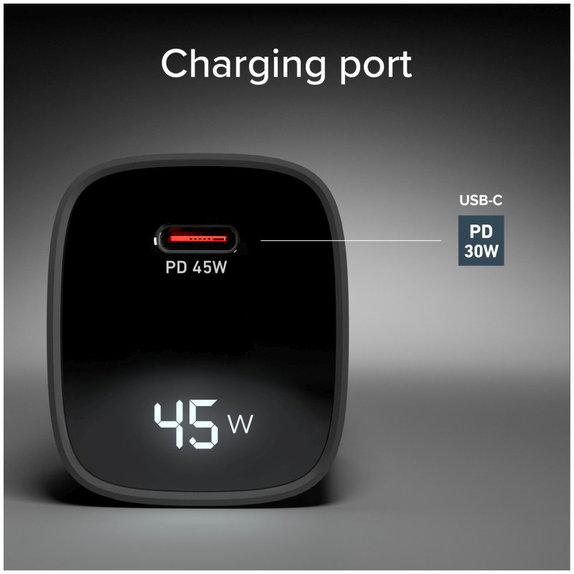 Adaptor de călătorie LCD USB-C, GaN, 45 W PD, negru, SBS