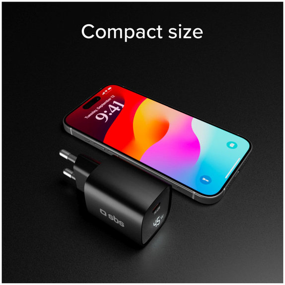 Adaptor de călătorie LCD USB-C, GaN, 45 W PD, negru, SBS
