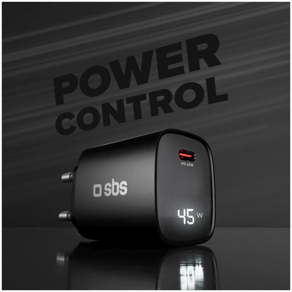 Adaptor de călătorie LCD USB-C, GaN, 45 W PD, negru, SBS