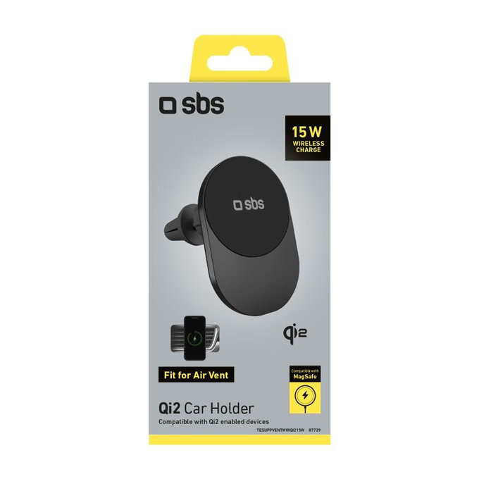 SBS - Suport auto cu încărcare wireless, Qi2, 15W, MagSafe, pentru grila de aer, negru