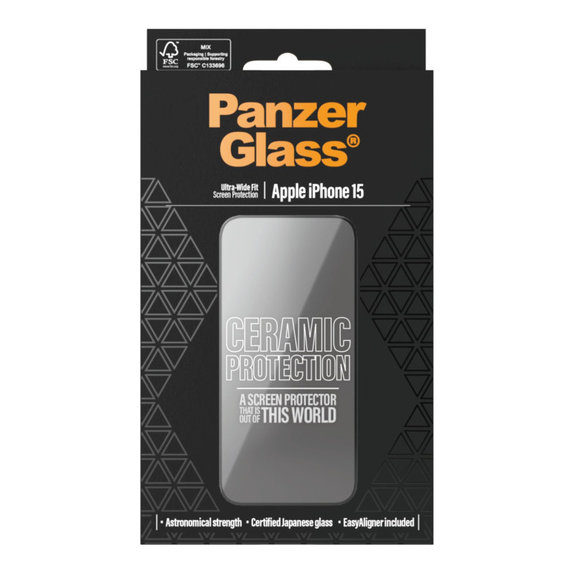Sticlă securizată UWF Ceramic cu aplicator pentru iPhone 15, Negru, PanzerGlass