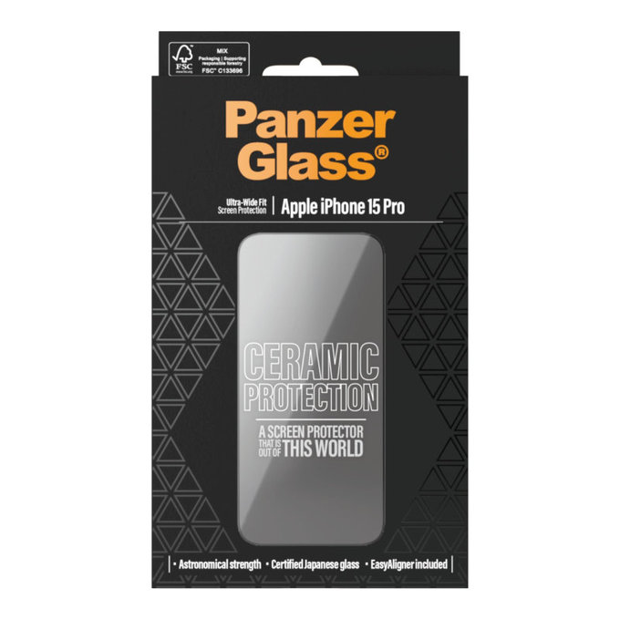 Sticlă securizată UWF Ceramic cu aplicator pentru iPhone 15 Pro, Negru, PanzerGlass