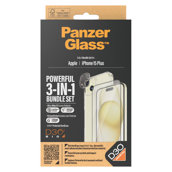 Bundle PicturePerfect + Sticlă securizată UWF + Hard Case D3O pentru iPhone 15 Plus, PanzerGlass