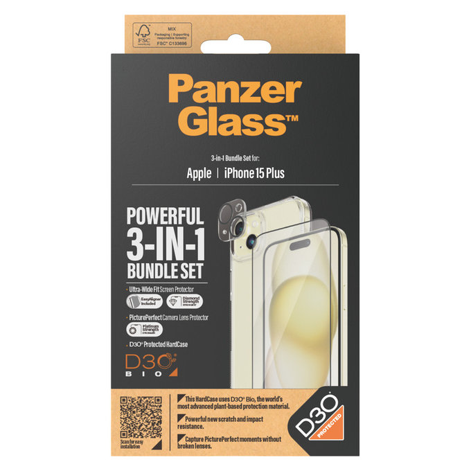 Bundle PicturePerfect + Sticlă securizată UWF + Hard Case D3O pentru iPhone 15 Plus, PanzerGlass
