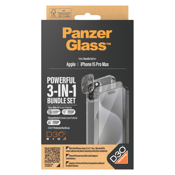 Bundle PicturePerfect + Sticlă securizată UWF + Hard Case D3O pentru iPhone 15 Pro Max, PanzerGlass