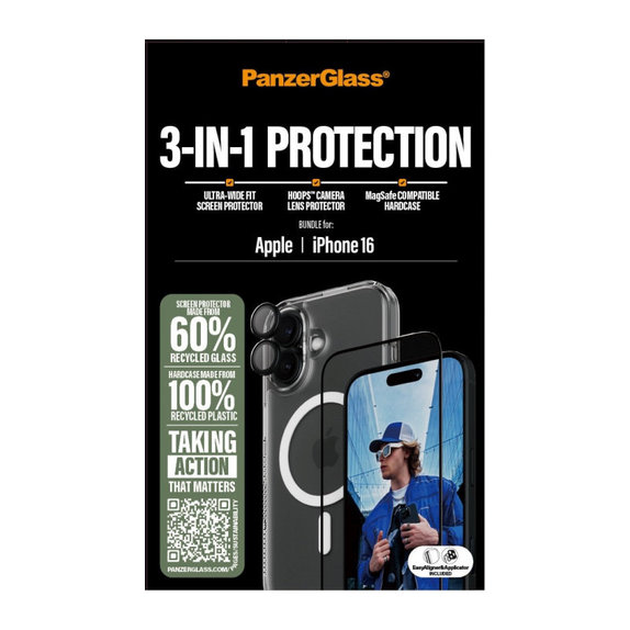 Bundle 3 în 1 Hoops + Sticlă securizată UWF + Hard Case pentru iPhone 16, PanzerGlass