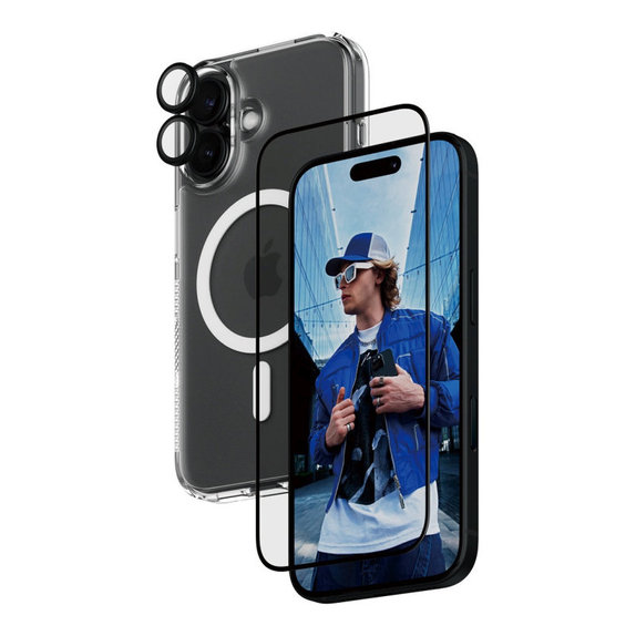 Bundle 3 în 1 Hoops + Sticlă securizată UWF + Hard Case pentru iPhone 16, PanzerGlass