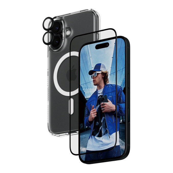 Bundle 3 în 1 Hoops + Sticlă securizată UWF + Hard Case pentru iPhone 16, PanzerGlass
