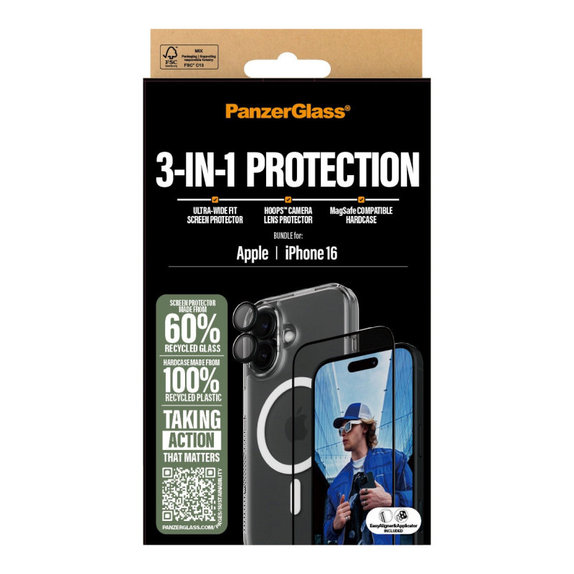 Bundle 3 în 1 Hoops + Sticlă securizată UWF + Hard Case pentru iPhone 16, PanzerGlass