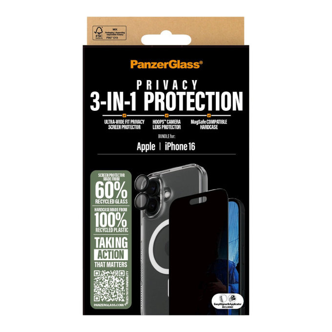 Bundle Hoops + Sticlă securizată UWF Privacy + Hard Case pentru iPhone 16, PanzerGlass