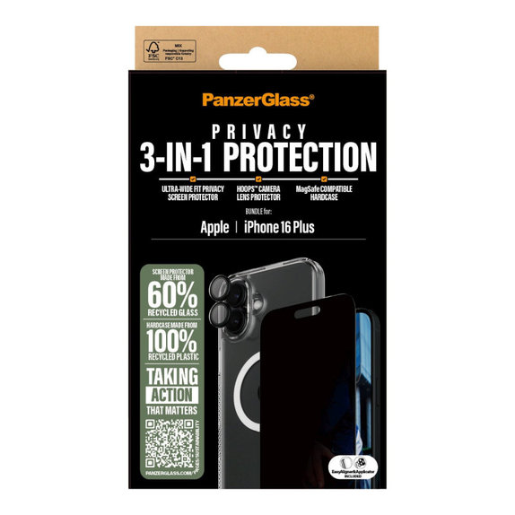 Bundle Hoops + Sticlă securizată UWF Privacy + Hard Case pentru iPhone 16 Plus, PanzerGlass