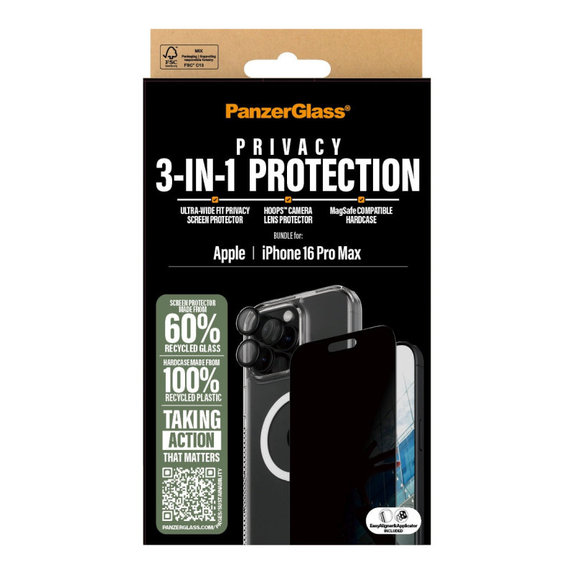 Bundle Hoops + Sticlă securizată UWF Privacy + Hard Case pentru iPhone 16 Pro Max, PanzerGlass