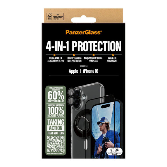 Bundle Hoops + Sticlă securizată UWF + Hard Case + Magnetic Ring Mount pentru iPhone 16, PanzerGlass