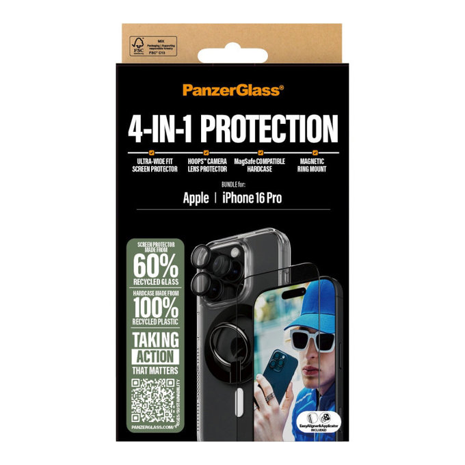 Bundle Hoops + Sticlă securizată UWF + Hard Case + Magnetic Ring Mount pentru iPhone 16 Pro, PanzerGlass