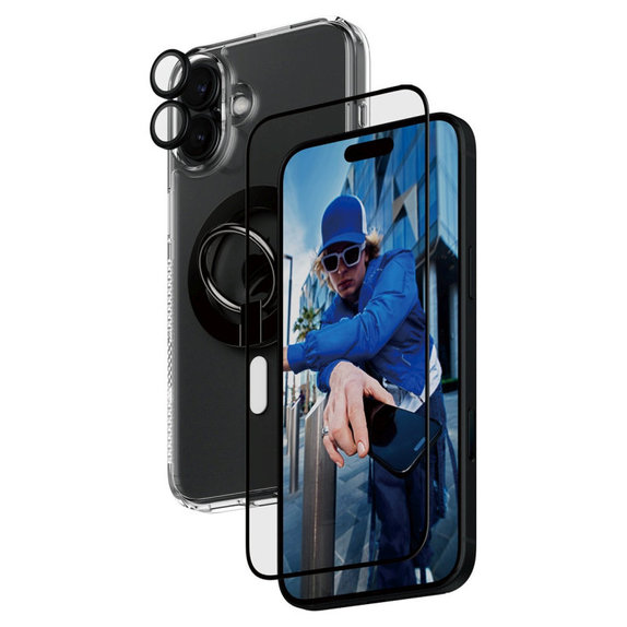 Bundle Hoops + Sticlă securizată UWF + Hard Case + Magnetic Ring Mount pentru iPhone 16 Plus, PanzerGlass