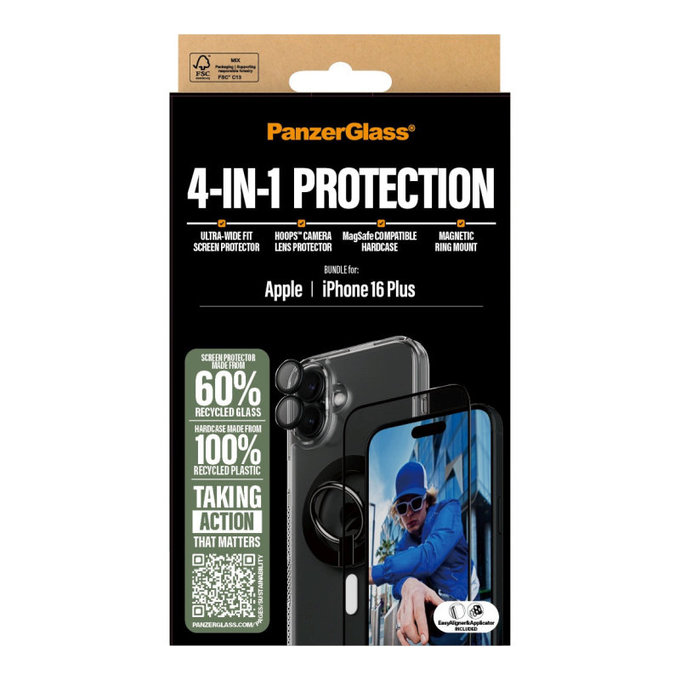 Bundle Hoops + Sticlă securizată UWF + Hard Case + Magnetic Ring Mount pentru iPhone 16 Plus, PanzerGlass