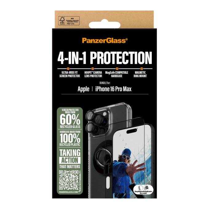 Bundle Hoops + Sticlă securizată UWF + Hard Case + Magnetic Ring Mount pentru iPhone 16 Pro Max, PanzerGlass