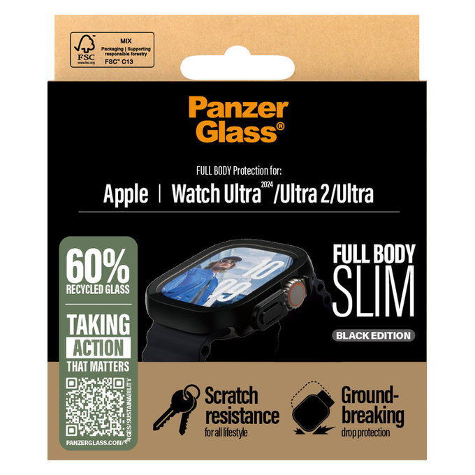 Sticlă securizată Full Body Slim pentru Apple Watch Ultra 2024/Ultra 2/Ultra, Negru, PanzerGlass