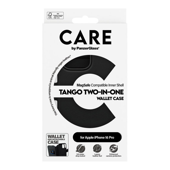 Husă Wallet Tango Two-In-One cu MagSafe pentru iPhone 16 Pro, Negru, CARE