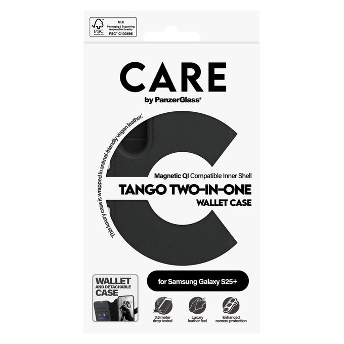Caz Wallet Tango Two-In-One cu QI pentru Samsung Galaxy S25+, Negru, PanzerGlass