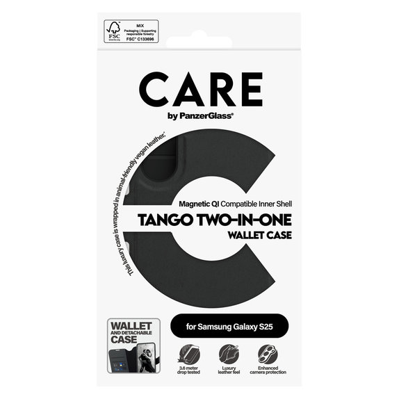 Caz Wallet Tango Two-In-One cu QI pentru Samsung Galaxy S25, Negru, PanzerGlass