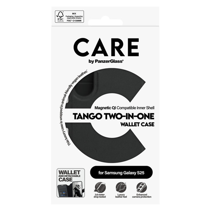 Caz Wallet Tango Two-In-One cu QI pentru Samsung Galaxy S25, Negru, PanzerGlass
