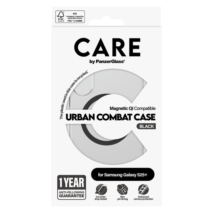 Caz Urban Combat cu QI negru pentru Samsung Galaxy S25+, Transparent, PanzerGlass