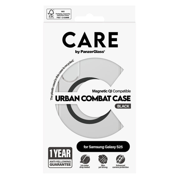 Caz Urban Combat cu QI negru pentru Samsung Galaxy S25, Transparent, PanzerGlass