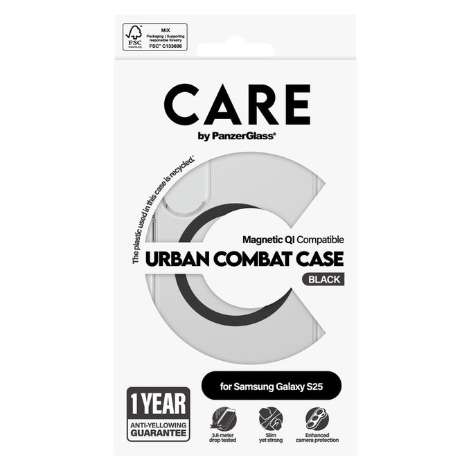 Caz Urban Combat cu QI negru pentru Samsung Galaxy S25, Transparent, PanzerGlass