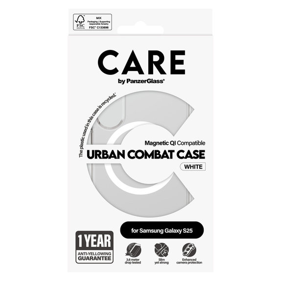 Caz Urban Combat cu QI alb pentru Samsung Galaxy S25, Transparent, PanzerGlass