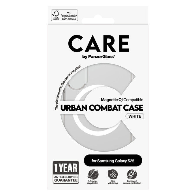 Caz Urban Combat cu QI alb pentru Samsung Galaxy S25, Transparent, PanzerGlass