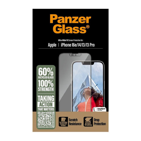 Sticlă securizată UWF cu aplicator pentru iPhone 17e/16e/14/13/13 Pro, Negru, PanzerGlass