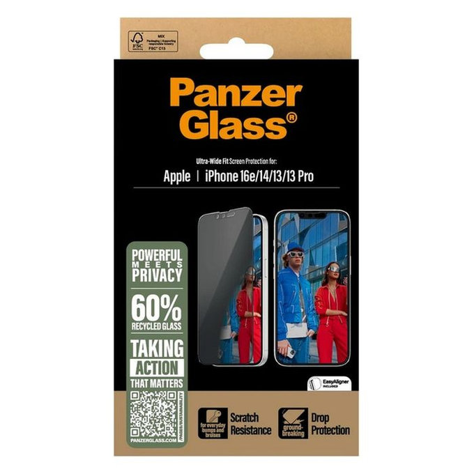 PanzerGlass - Geam Securizat UWF Privacy cu aplicatorul pentru iPhone 13, 13 Pro, 14 & 16e, transparent