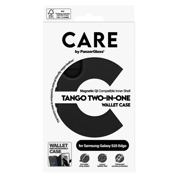 Caz Wallet Tango Two-In-One cu QI pentru Samsung Galaxy S25 Edge, Negru, PanzerGlass