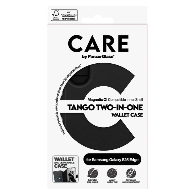 Caz Wallet Tango Two-In-One cu QI pentru Samsung Galaxy S25 Edge, Negru, PanzerGlass