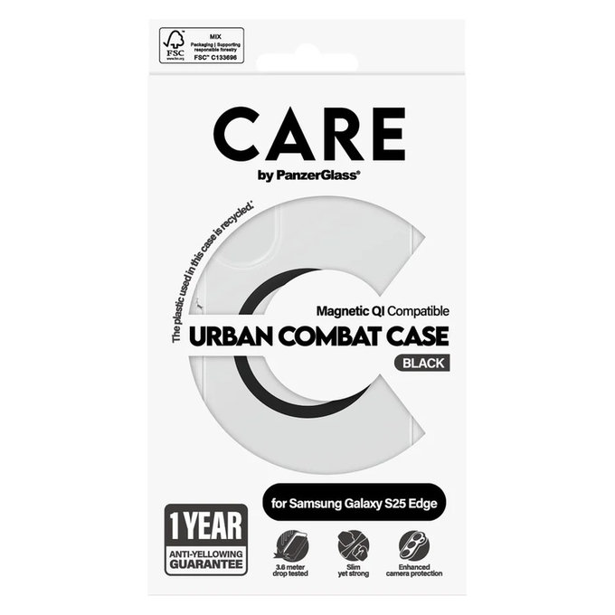 Caz Urban Combat cu QI negru pentru Samsung Galaxy S25 Edge, Transparent, PanzerGlass