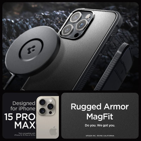 Spigen - Carcasă Rugged Armor cu MagSafe pentru iPhone 15 Pro Max, Matte Black