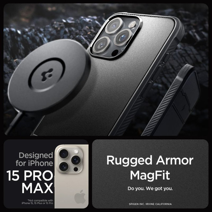 Spigen - Carcasă Rugged Armor cu MagSafe pentru iPhone 15 Pro Max, Matte Black